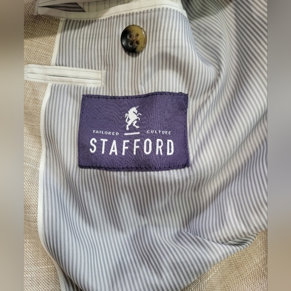 Stafford Blazer Men 48R Solid 2 Button Ivory Oatmeal Blazet Vented‎ Linen Wool - Picture 10 of 10